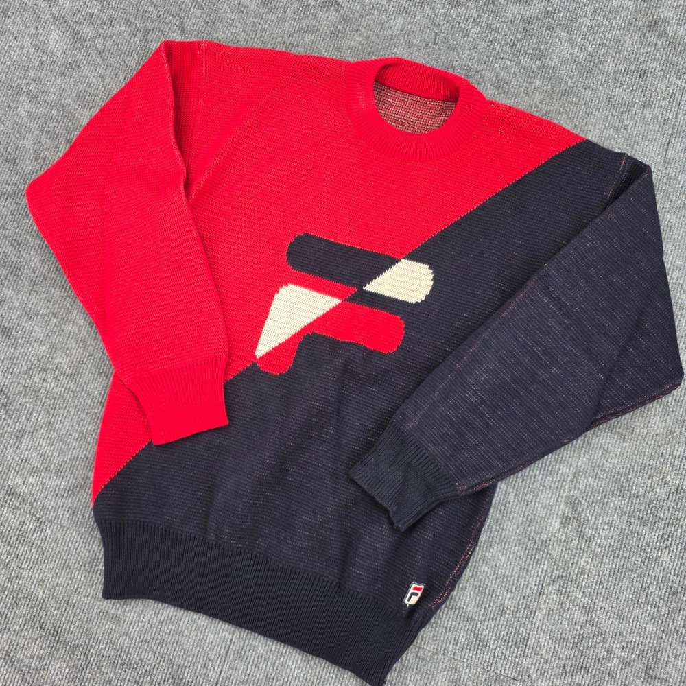 Vintage Fila Red Navy Blue Colorblock Wool Sweater Made in Italy Mens XL